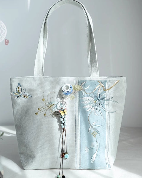 Large-capacity 16-inch computer-style traditional Chinese literary and ancient style Hanfu embroidered simple tote canvas bag, single-shoulder handbag for women