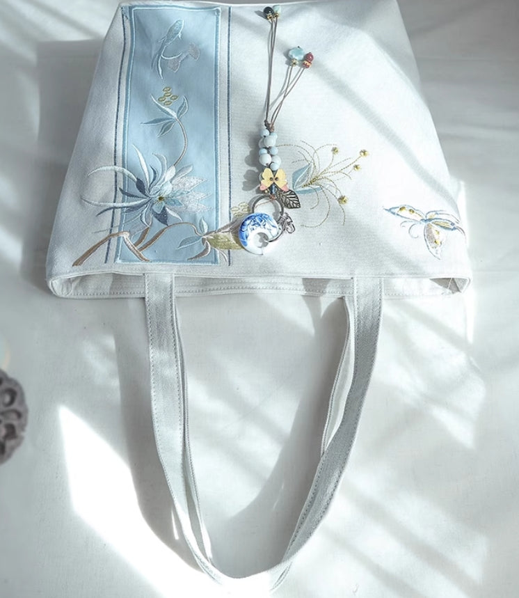 Large-capacity 16-inch computer-style traditional Chinese literary and ancient style Hanfu embroidered simple tote canvas bag, single-shoulder handbag for women