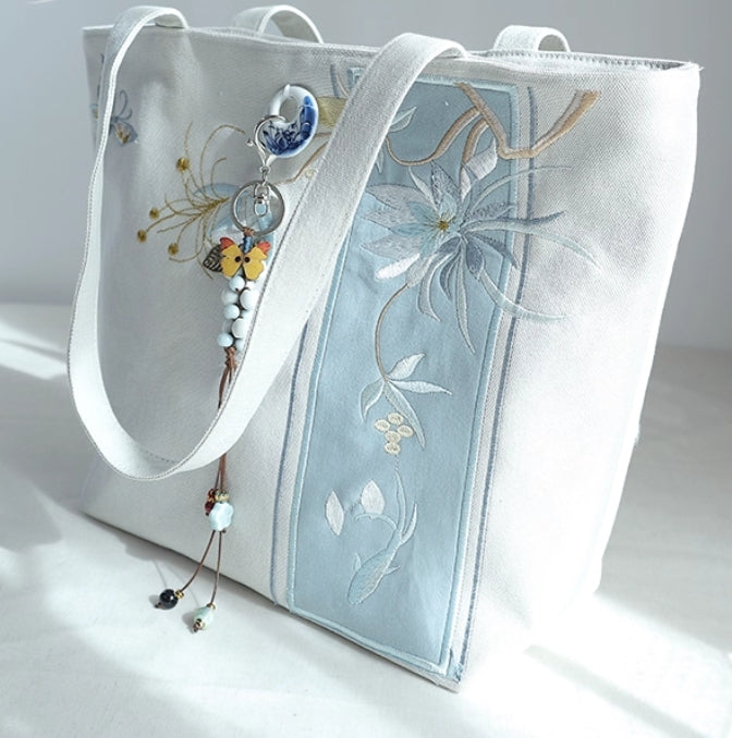 Large-capacity 16-inch computer-style traditional Chinese literary and ancient style Hanfu embroidered simple tote canvas bag, single-shoulder handbag for women